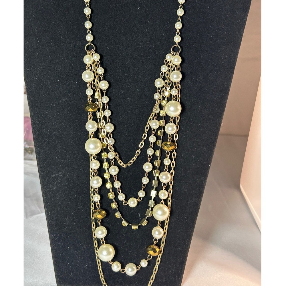 Vtg Multi Strand Faux Pearl Rhinestone Gold Tone Statement Necklace Long Flapper